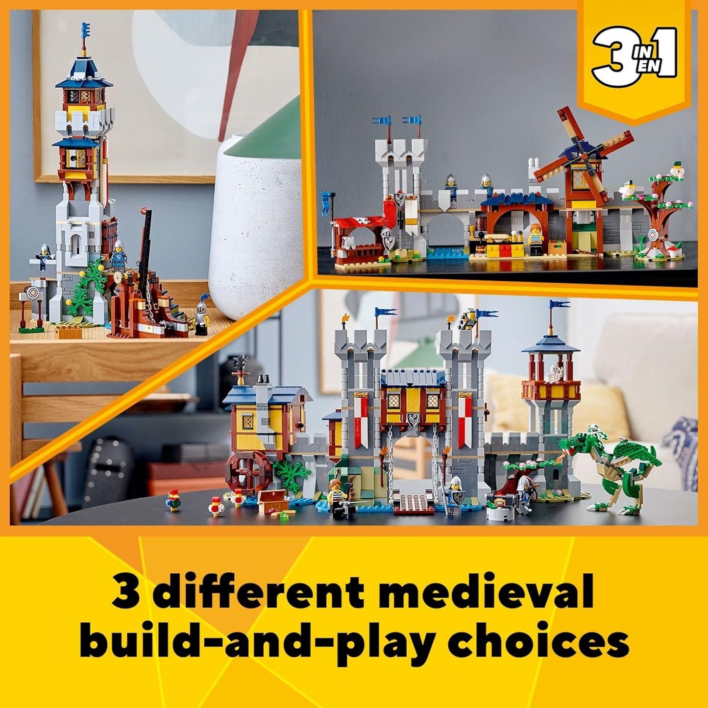BOX Damages LEGO Creator 3 in 1 Medieval Castle Toy, Transforms from Castle to Tower to Marketplace, Includes Skeleton and Dragon Figure, with 3 Minifigures and Catapult, 31120