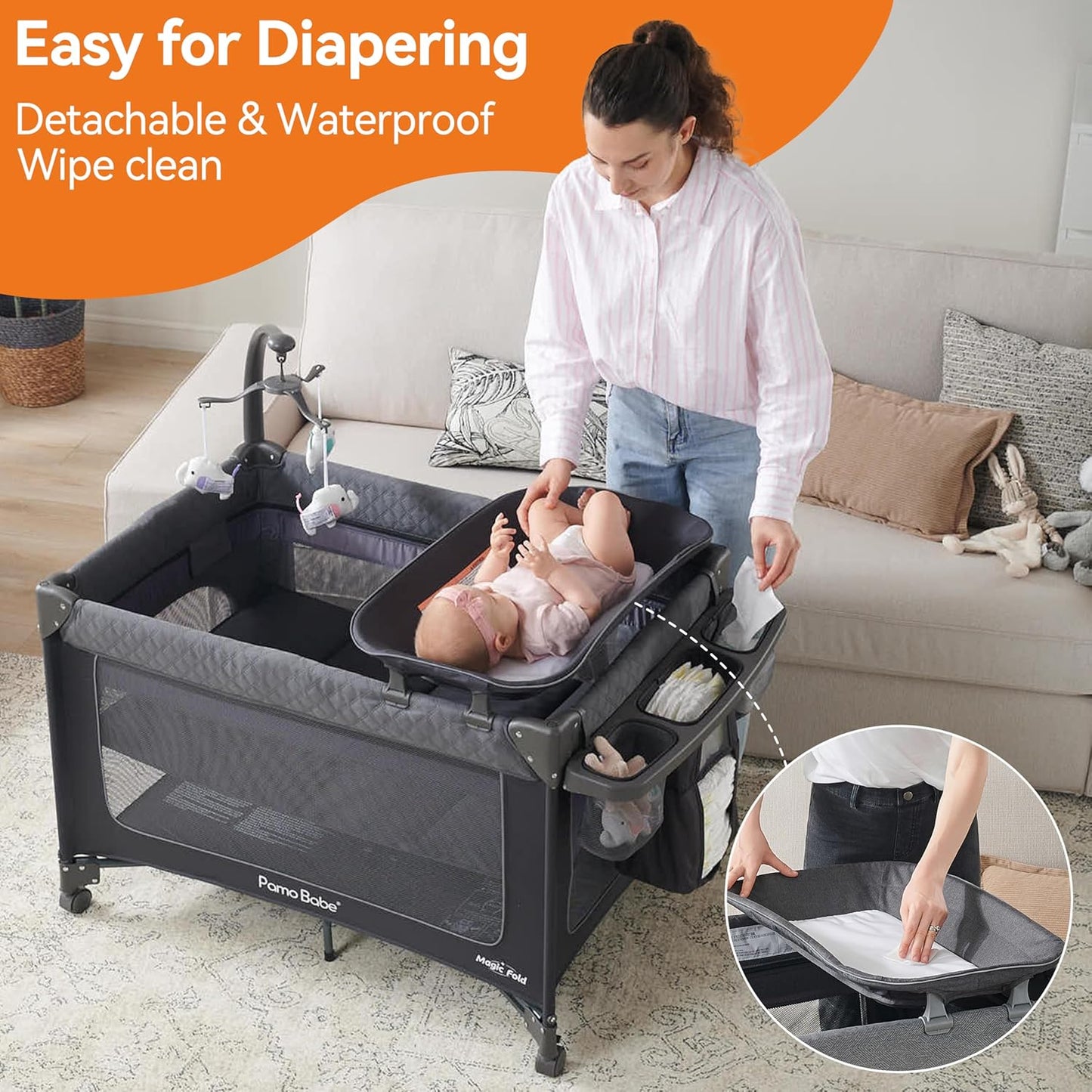 Pamo Babe Magic Fold Baby Playard, 1 Step to Set Portable Crib with Changing Table and Zipper Gate