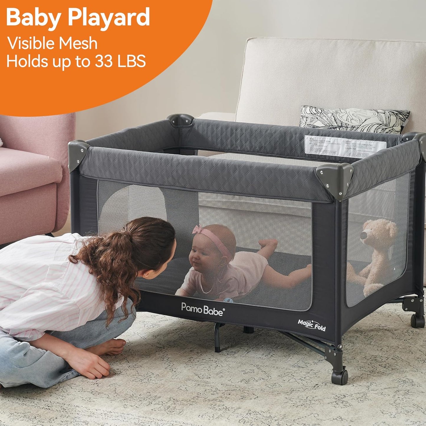 Pamo Babe Magic Fold Baby Playard, 1 Step to Set Portable Crib with Changing Table and Zipper Gate