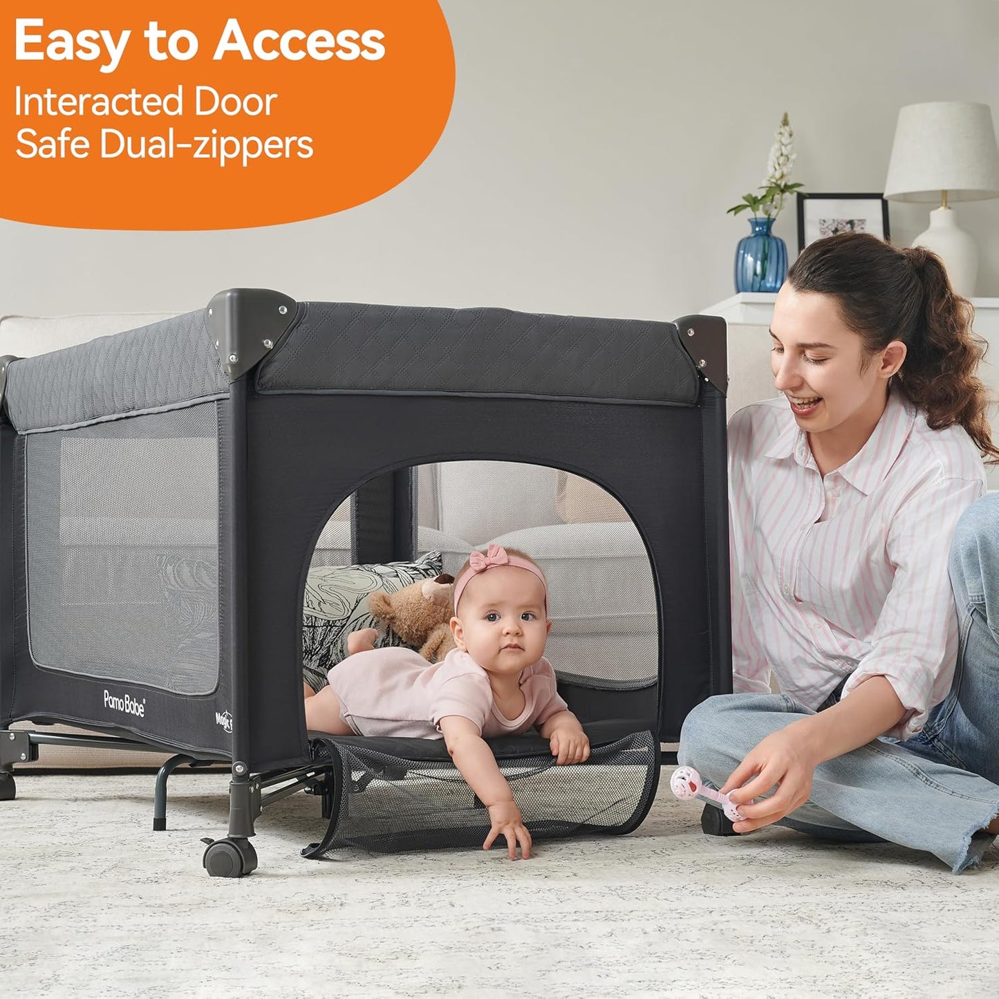 Pamo Babe Magic Fold Baby Playard, 1 Step to Set Portable Crib with Changing Table and Zipper Gate