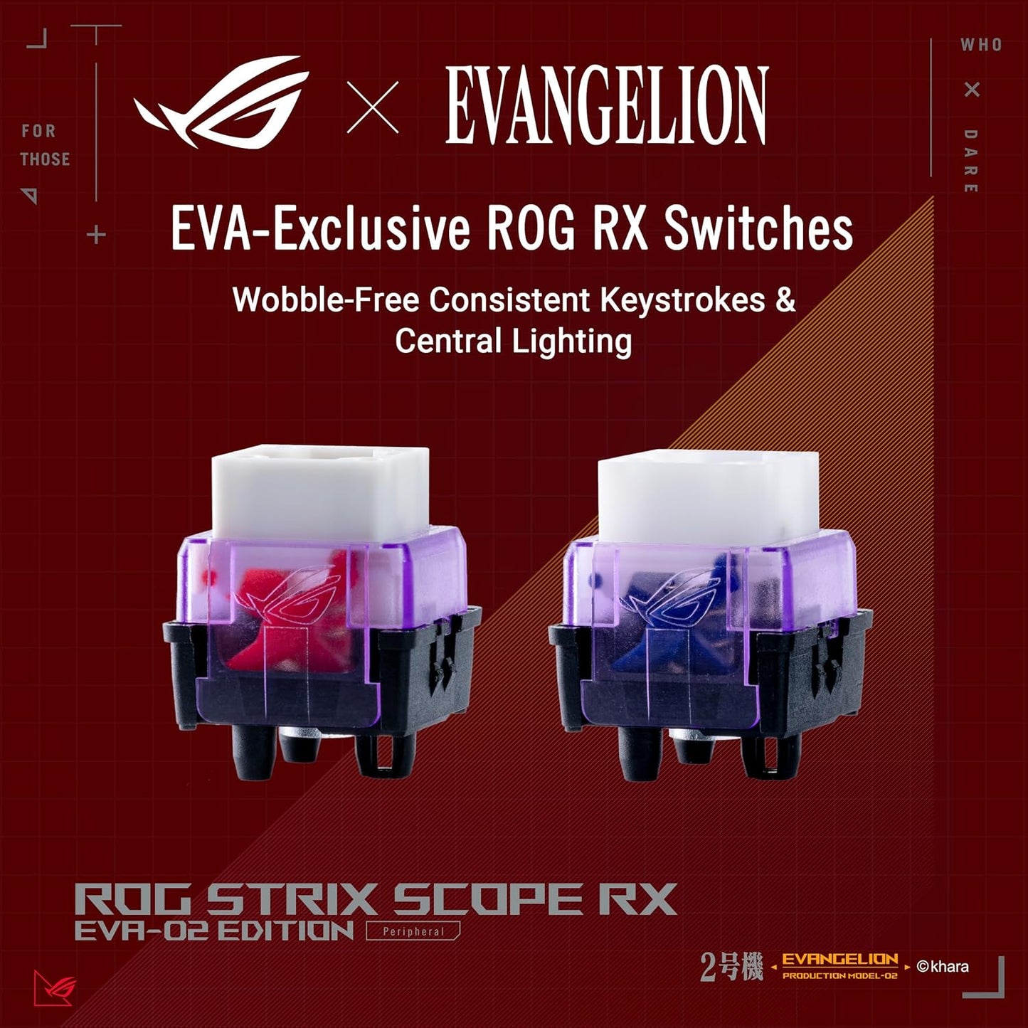 ROG Strix Scope RX EVA-02 Edition, 100% RGB Gaming Keyboard, ROG RX Red Optical Mechanical Switches, IP57 Water Resistance, USB Passthrough, Wider Ctrl Key, Stealth Key, Macro Support, EVA-themed