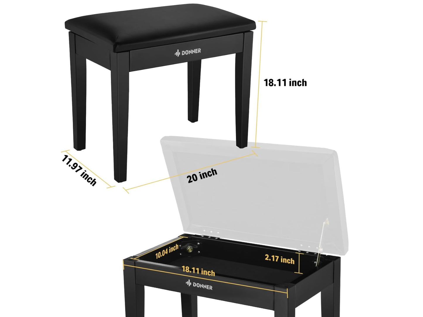 Donner Piano Bench with Storage, Solid Wood Keyboard Bench Piano Bookcase Stool Chair Seat with High-Density Sponges Pad, Black