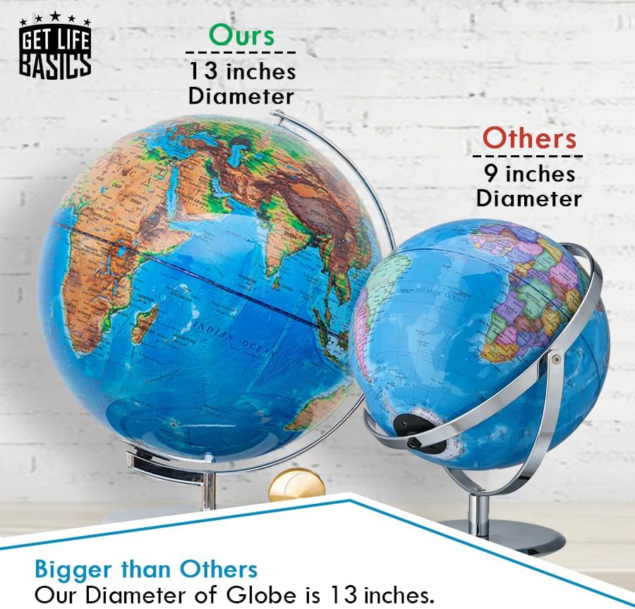 Interactive World Globe for Adults - Large 13 Inch Globe with Stand - Earth Globe with Illuminated Constellations Light Up at Night - Geographic Map for Kids - Educational Learning Gift - Compass to navigate it
