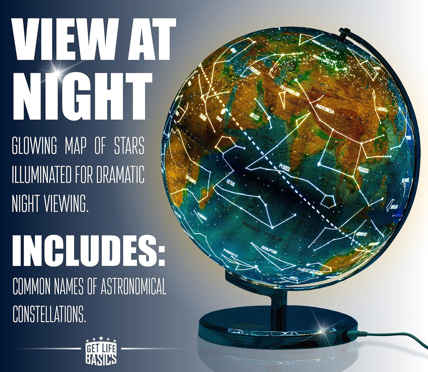 Interactive World Globe for Adults - Large 13 Inch Globe with Stand - Earth Globe with Illuminated Constellations Light Up at Night - Geographic Map for Kids - Educational Learning Gift - Compass to navigate it