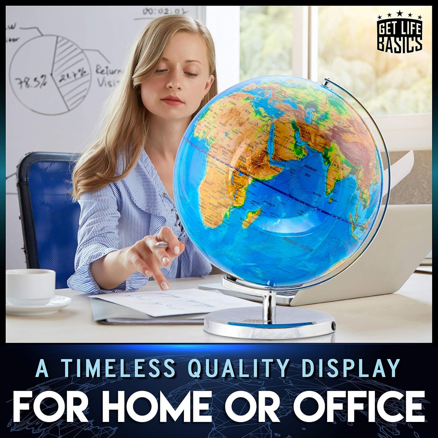Interactive World Globe for Adults - Large 13 Inch Globe with Stand - Earth Globe with Illuminated Constellations Light Up at Night - Geographic Map for Kids - Educational Learning Gift - Compass to navigate it