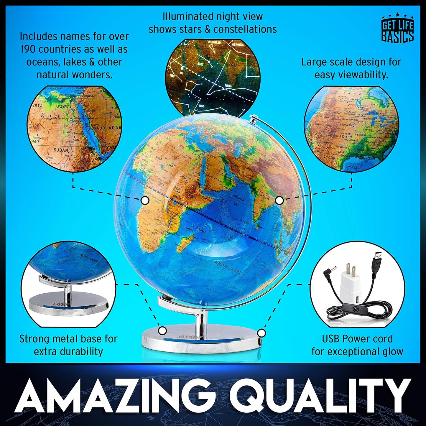 Interactive World Globe for Adults - Large 13 Inch Globe with Stand - Earth Globe with Illuminated Constellations Light Up at Night - Geographic Map for Kids - Educational Learning Gift - Compass to navigate it