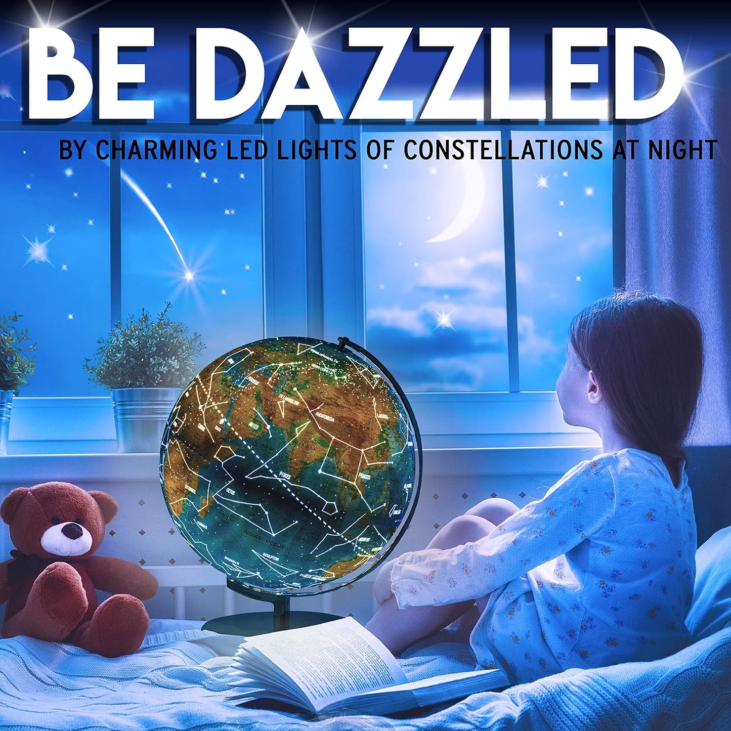 Interactive World Globe for Adults - Large 13 Inch Globe with Stand - Earth Globe with Illuminated Constellations Light Up at Night - Geographic Map for Kids - Educational Learning Gift - Compass to navigate it