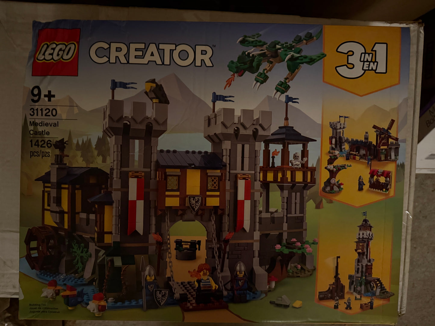 BOX Damages LEGO Creator 3 in 1 Medieval Castle Toy, Transforms from Castle to Tower to Marketplace, Includes Skeleton and Dragon Figure, with 3 Minifigures and Catapult, 31120