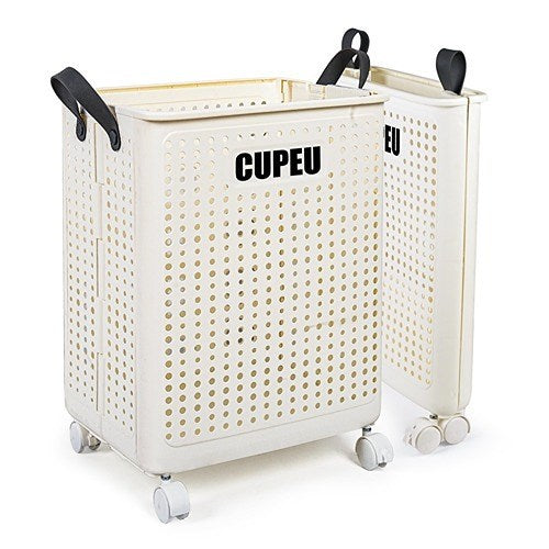 Collapsible Laundry Basket on Wheels for Children's Room, Rolling Laundry Hamper with Handles, Slim White Plastic Foldable Washing Basket for Laundry Clothes