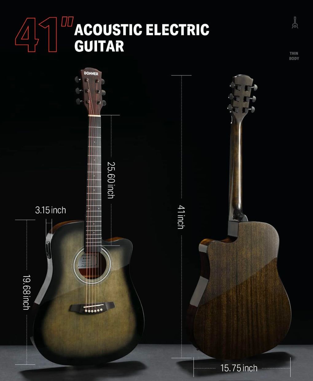 Donner Acoustic Electric Guitar Full Size Kit for Beginner Intermediate with Amplifier Capo Pick Tuner Strings Strap - 41 Inch