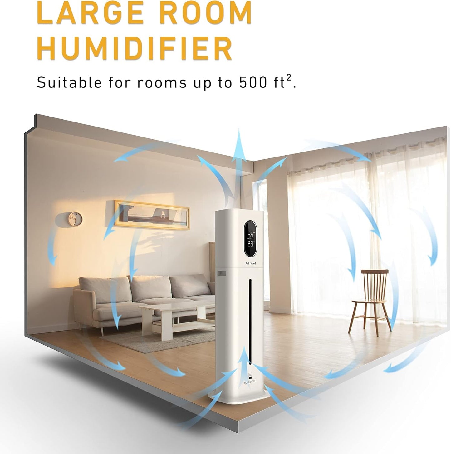 Humidifiers for Bedroom Large Room AILINKE 2.1Gal8L Humidifiers for Home Large Ultrasonic Top Fill Humidifier with 3 Speed Humidistat for Baby Kids Adults Yoga Sleep