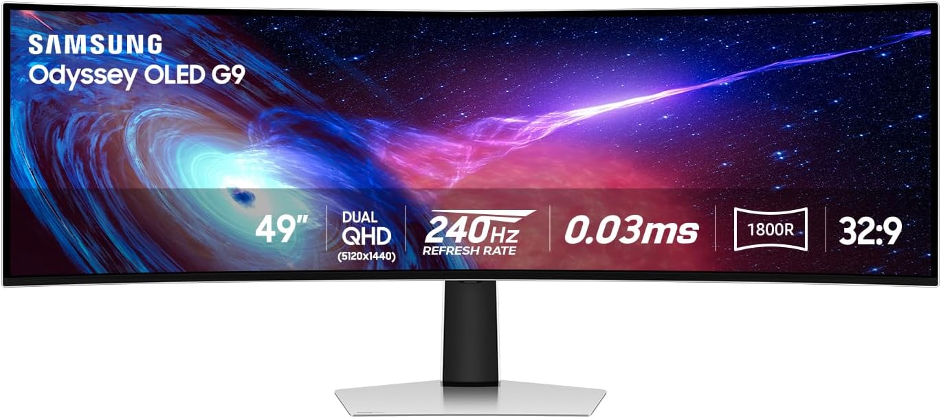 SAMSUNG 49" Odyssey QD-OLED (G93SC) Series Curved Gaming Monitor, 240Hz, 0.03ms,Dual QHD,DisplayHDR True Black 400,AMD FreeSync Premium Pro,Height Adjustable Stand