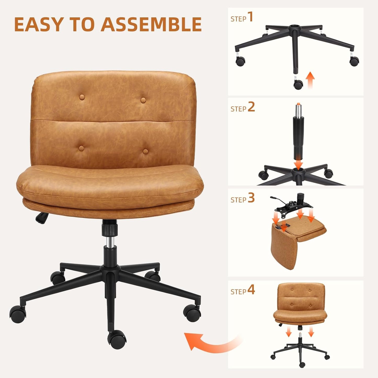 Criss Cross Chair, GarveeHome Cross Legged Office Chair, Armless Desk Chair with Wheels, Swivel Vanity Chair, Widen Seat, Height Adjustable, Brown