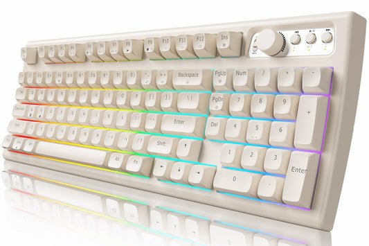 SEUNKWANG EWEADN V97 Cute Creamy Keyboard Bluetooth2.4GHz Gaming Keyboard Wireless with RGB Backlit Media Knob Curved Body Rechargeable Quiet Computer Keyboard for MAC Xbox PC Gamer-White