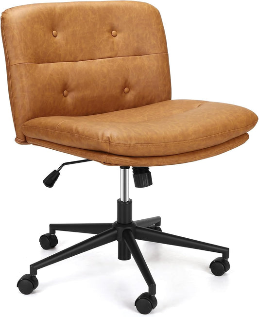 Criss Cross Chair, GarveeHome Cross Legged Office Chair, Armless Desk Chair with Wheels, Swivel Vanity Chair, Widen Seat, Height Adjustable, Brown