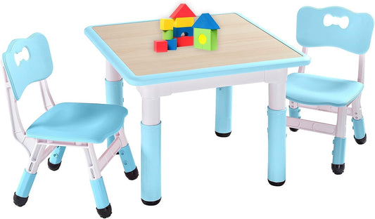 FUNLIO Kids Table and 2 Chairs Set, Height Adjustable Toddler Table and Chair Set for Ages 3-8, Easy to Wipe Arts & Crafts Table, for Classrooms/Daycares/Homes, CPC & CE Approved (3pcs Set) - Blue