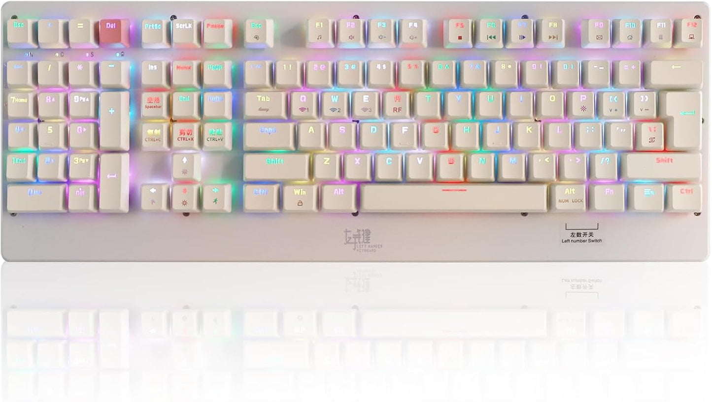 OPEN BOX ZY-2218 Left Handed Keyboard, Bluetooth/2.4Ghz/USB-C Mechanical Keyboard RGB Backlit Full Size, 111 Keys for Business Accounting Compatible for Windows/Mac White