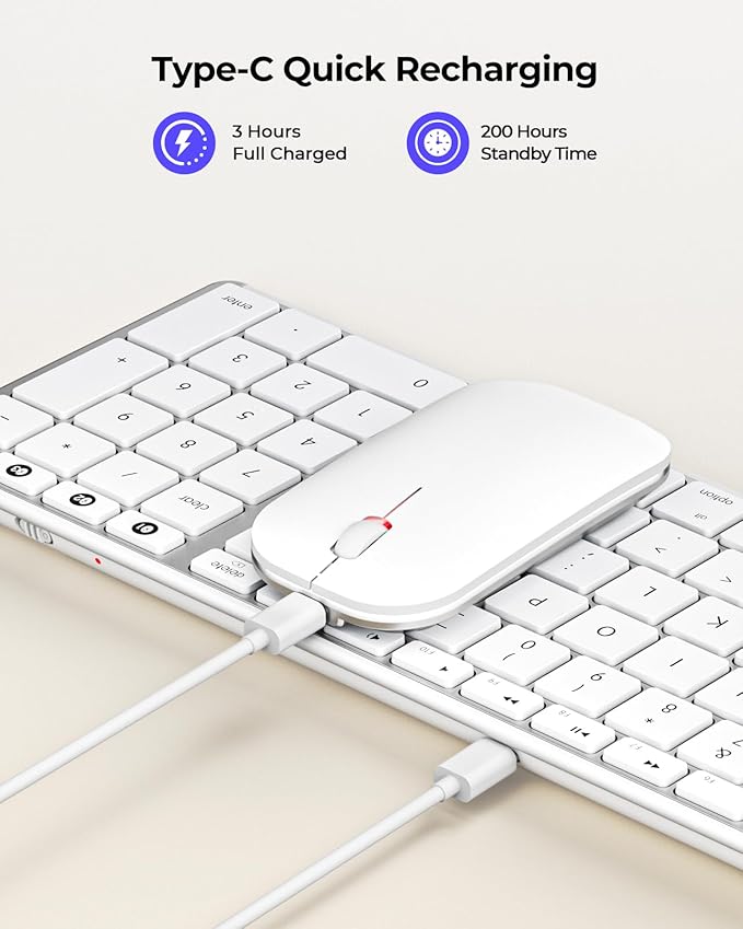 Wireless Bluetooth Keyboard and Mouse for Mac, Multi-Device Rechargeable Keyboard and Mouse Stainless Steel Full Size, Compatible with MacBook Pro/Air, iPad, iMac - White Silver
