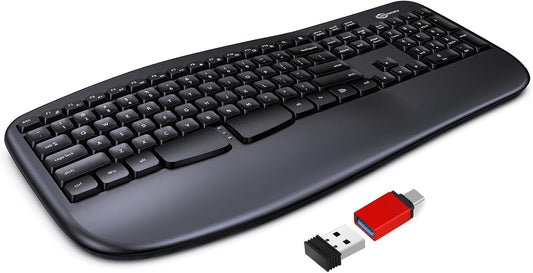 Wireless Keyboard, Ergonomic Keyboard with Wrist Rest, 2.4G Full Size Keyboard for Windows, MacOS, Desktops/Laptops