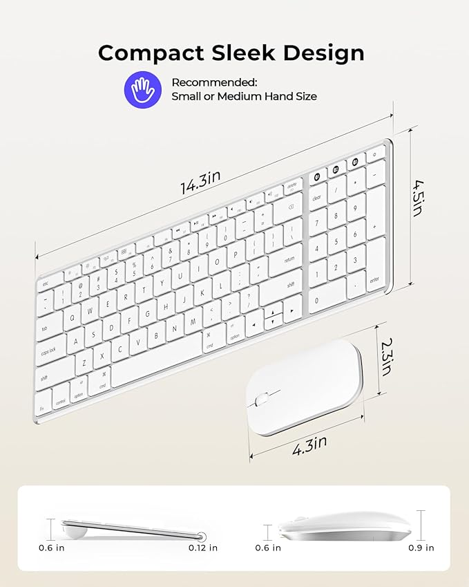 Wireless Bluetooth Keyboard and Mouse for Mac, Multi-Device Rechargeable Keyboard and Mouse Stainless Steel Full Size, Compatible with MacBook Pro/Air, iPad, iMac - White Silver