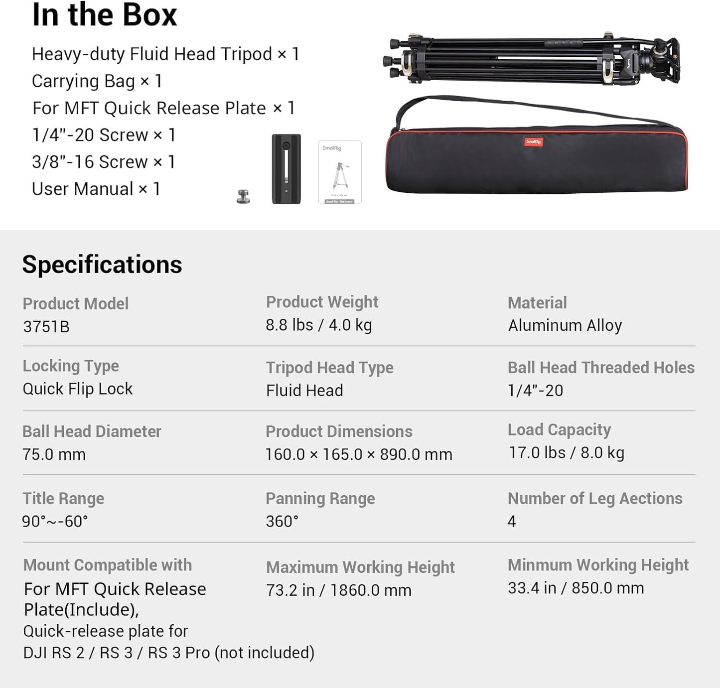 SmallRig AD-01 Video Tripod 73 Heavy Duty Tripod with 360 Degree Fluid Head and Quick Release Plate for DSLR Camcorder Cameras 3751