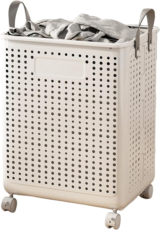 Collapsible Laundry Basket on Wheels for Children's Room, Rolling Laundry Hamper with Handles, Slim White Plastic Foldable Washing Basket for Laundry Clothes