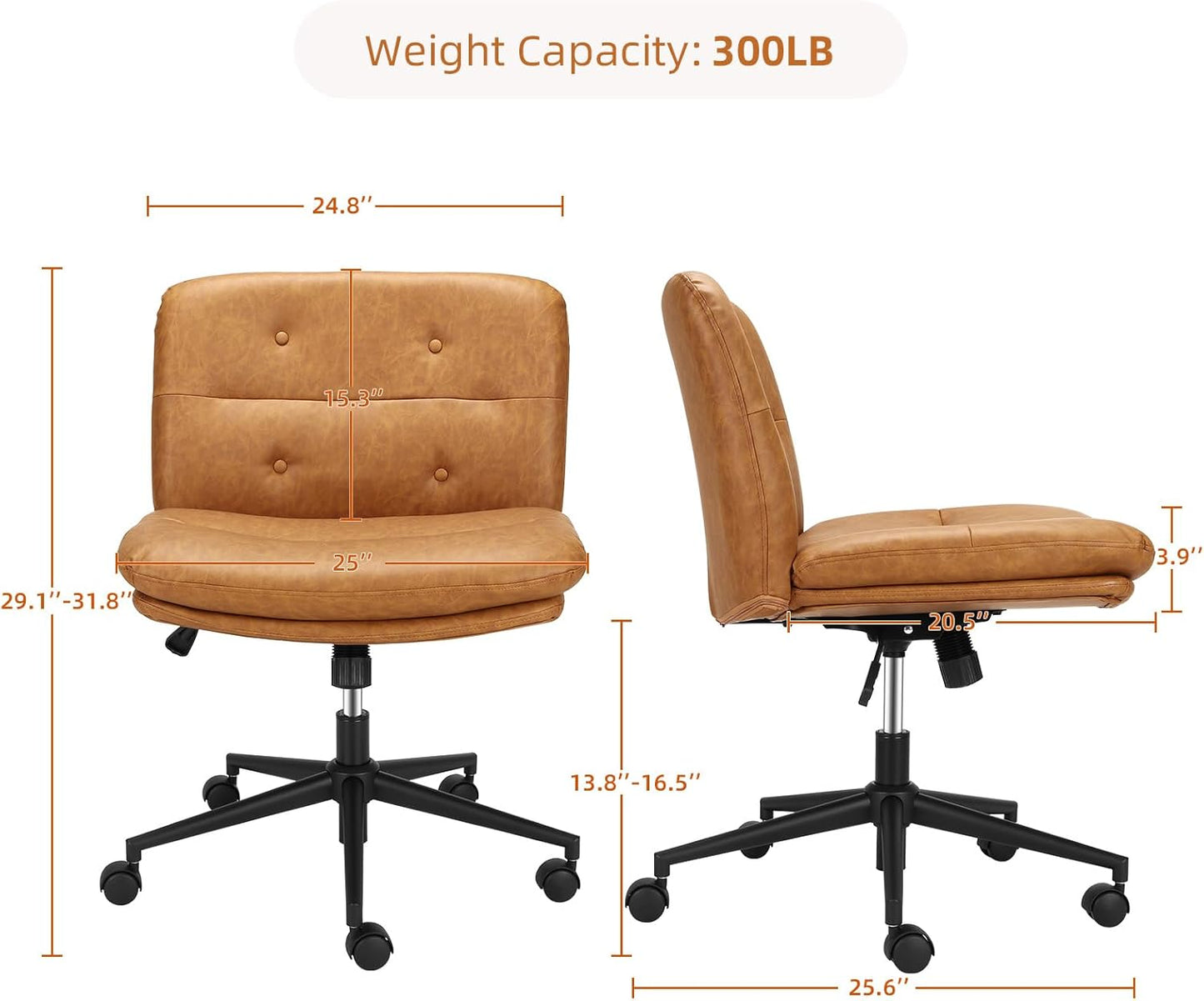 Criss Cross Chair, GarveeHome Cross Legged Office Chair, Armless Desk Chair with Wheels, Swivel Vanity Chair, Widen Seat, Height Adjustable, Brown