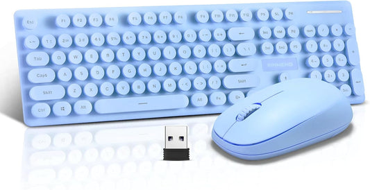Wireless Keyboard and Mouse Combo, Full Size Compact Quiet Wireless Keyboard and Mouse Set 2.4G Ultra-Thin Sleek Design for Windows, Computer, Desktop, PC, Notebook, Laptop,Round Keys Blue