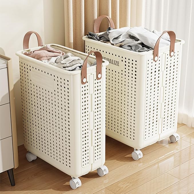 Collapsible Laundry Basket on Wheels for Children's Room, Rolling Laundry Hamper with Handles, Slim White Plastic Foldable Washing Basket for Laundry Clothes