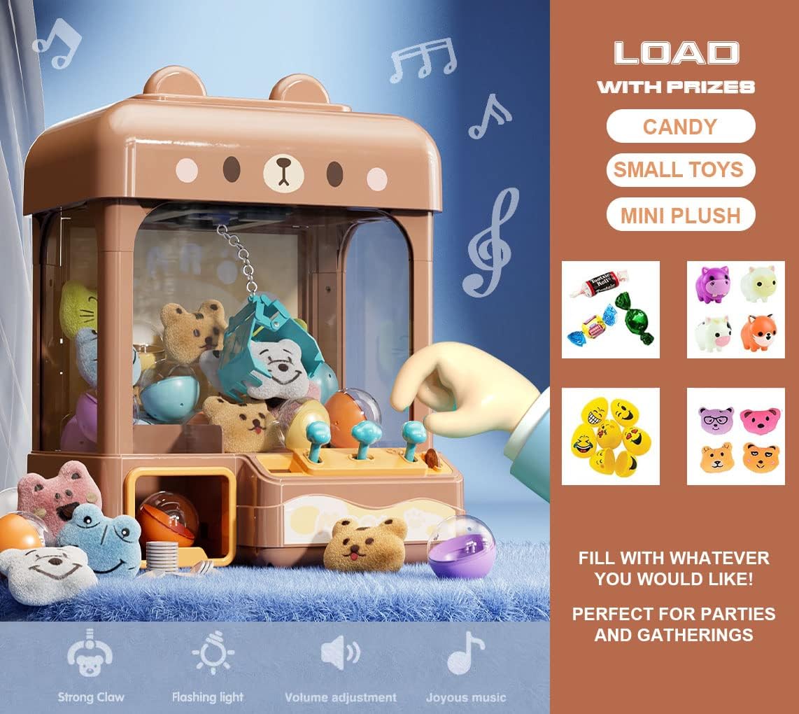 Large Claw Machine for Kids Adults with Prizes, Adjustable Sound & Light, 2 Power Modes, Mini Candy Crane Vending Machines, Electronic Arcade Game Dispenser Toy for Girls Boys Gift - Bear