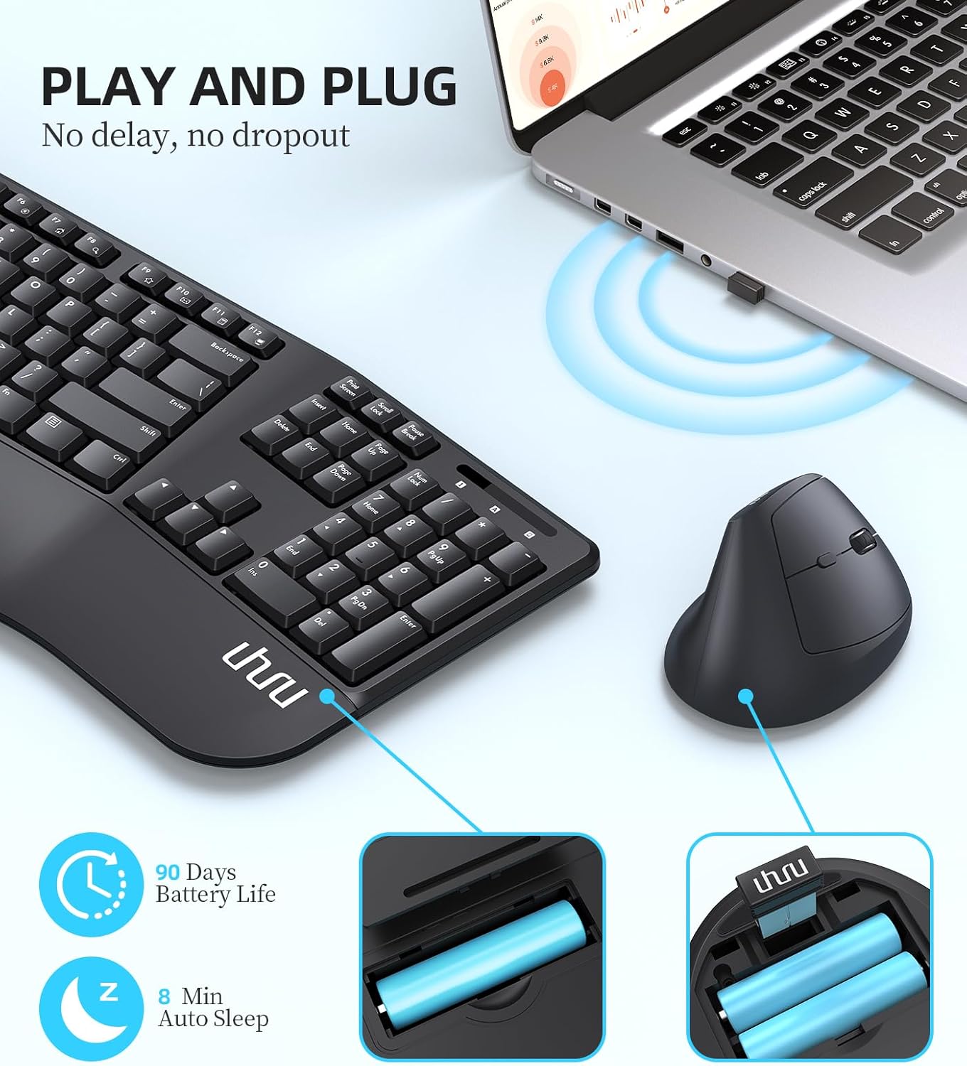 Ergonomic Wireless Keyboard and Mouse - UHURU UEKM-20 Wireless Ergo Keyboard and Mouse Combo with Split Design, Palm Rest, Natural Typing, Compatible with Windows Mac