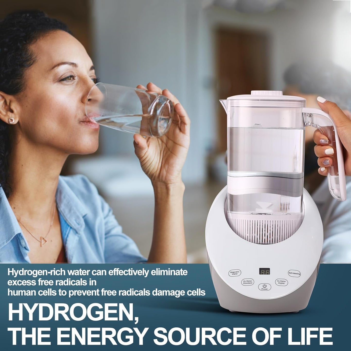 Hydrogen Water Pitcher - Rich Hydrogen Water Generator Electrolysis Jug BPA Free with SPE and PEM Concentrator Technology. Balanced DEESAF Water PH Levels and Filtered with Calcium Sulfite