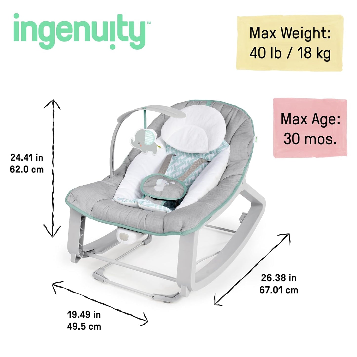 Ingenuity Keep Cozy 3-in-1 Grow with Me Vibrating Baby Bouncer, Seat & Infant to Toddler Rocker, Vibrations & -Toy Bar, 0-30 Months Up to 40 lbs