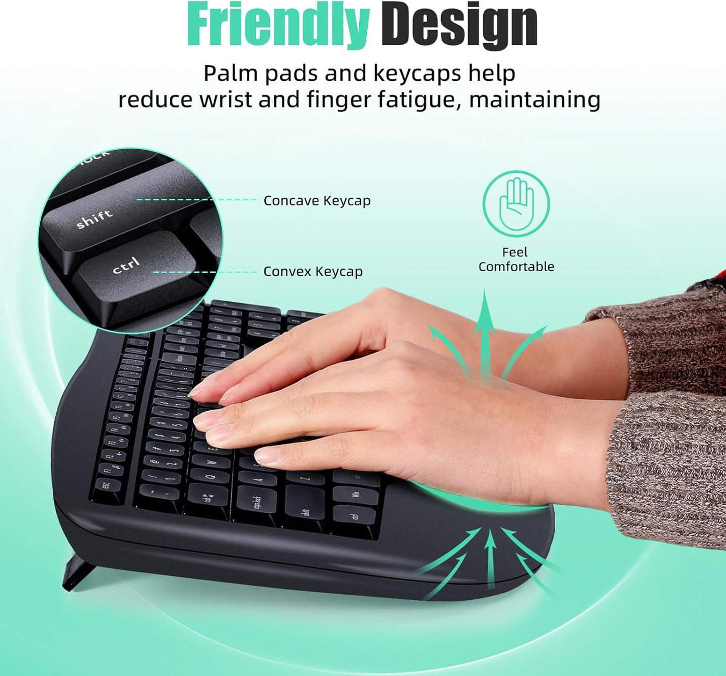Wireless Keyboard, Ergonomic Keyboard with Wrist Rest, 2.4G Full Size Keyboard for Windows, MacOS, Desktops/Laptops