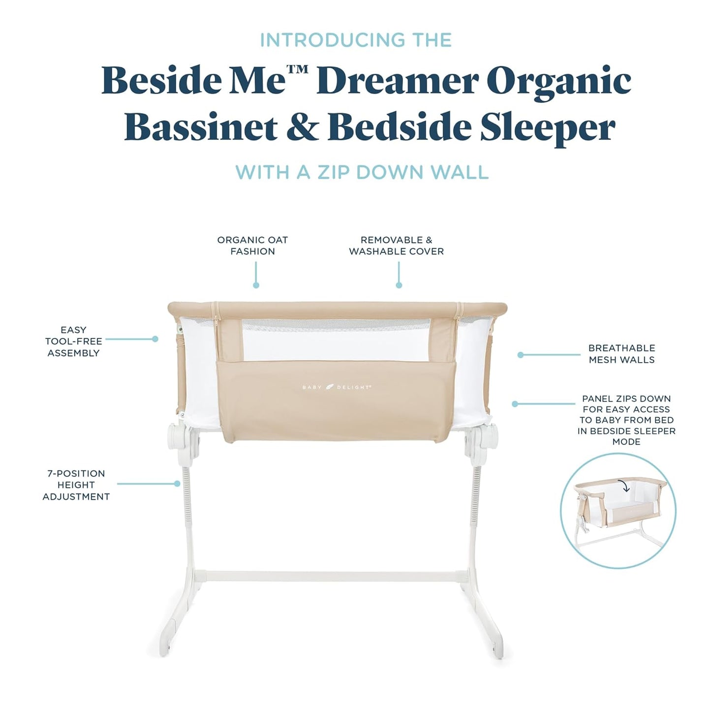 Baby Delight Beside Me Side Dreamer Organic Infant Bassinet Organic Oat Color