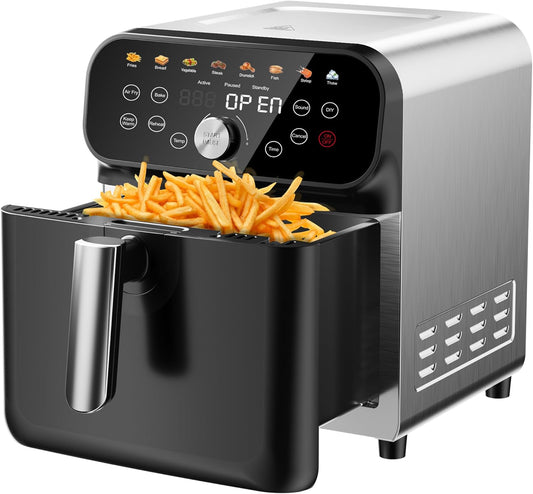 WHUTO Air Fryer 6.3QT Air Fryer Oven with LED Digital Touchscreen 12 Preset Cooking Functions Air fryers Bake Reheat Keep Warm Nonstick and Dishwasher-Safe Basket Stainless SteelBlack&Silver