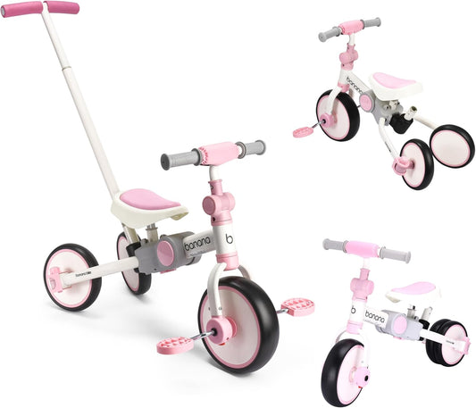 Banana bike Baby Balance Bike - Tricycle for Toddlers - Kids Trike and Bike - Balance Bike Plastic - Removable Pedals and Adjustable Handlebar and Seat Pink