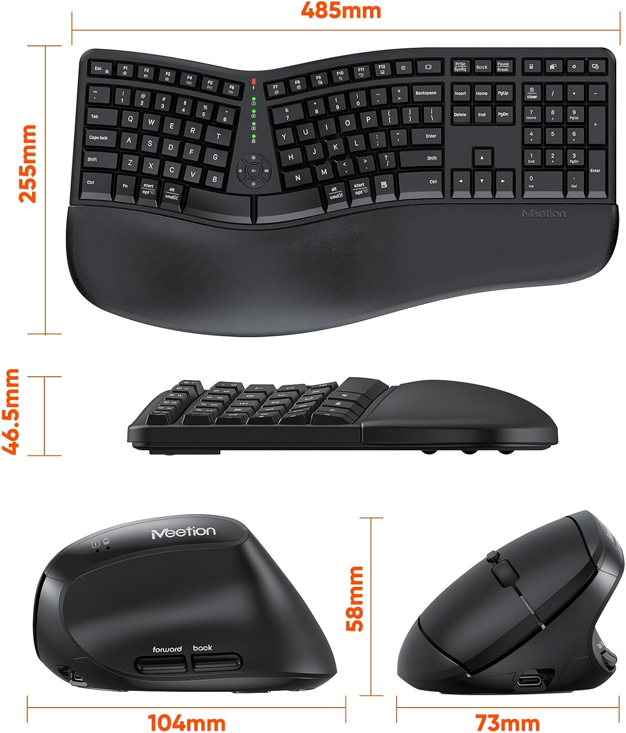 MEETION Ergonomic Wireless Keyboard and Mouse, Ergo Keyboard with Vertical Mouse, Split Arch Keyboard with Cushioned Wrist Palm Rest, Natural Typing Rechargeable Full Size, Windows/Mac/Computer/Laptop