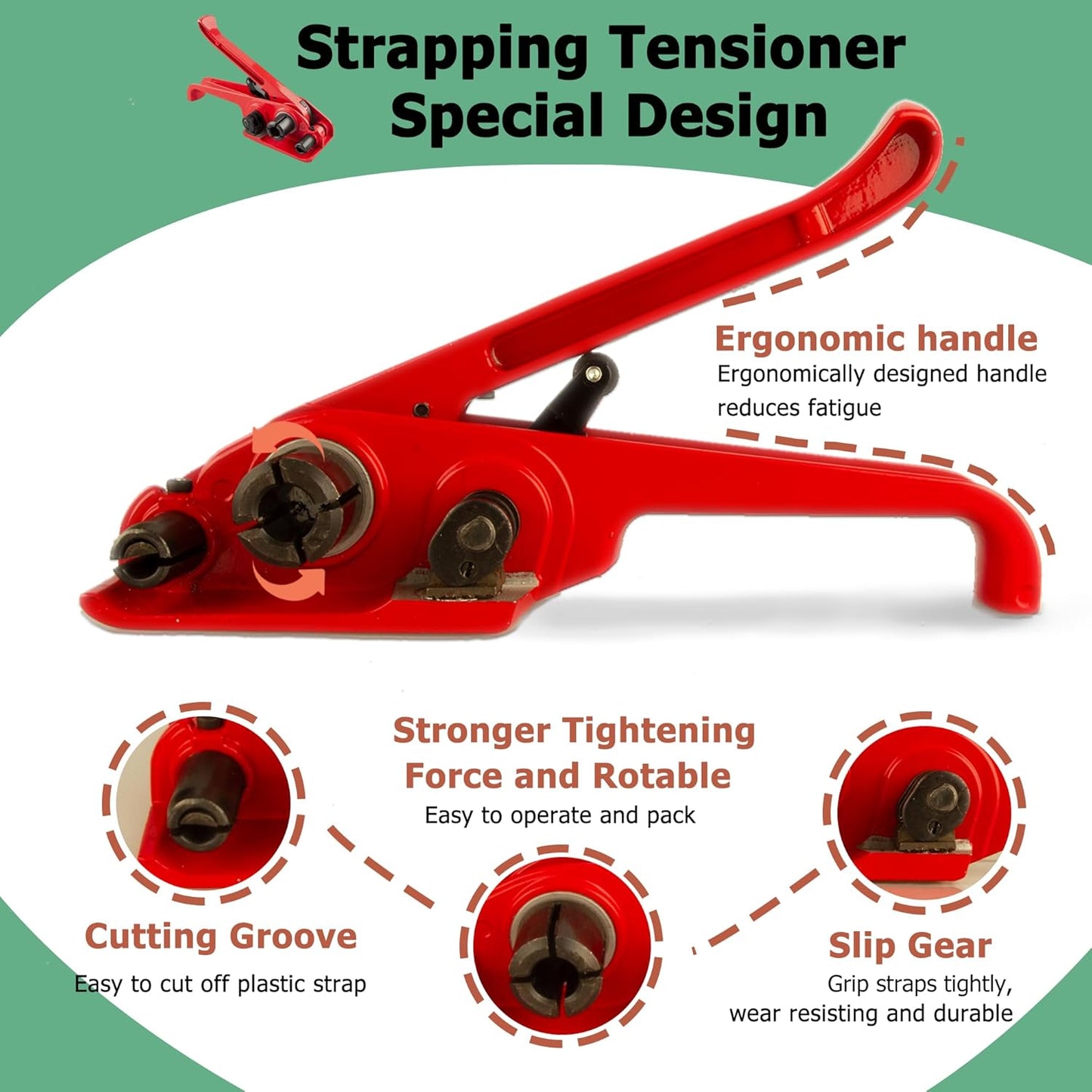 Pallet Packaging Banding Strapping Kit with Heavy Duty Strapping Tensioner Tool, Banding Sealer Tool, 5/8" x 200' Polyester Strapping Roll, 100 Metal Seals, 100 Plastic Packaging Corner(Red)