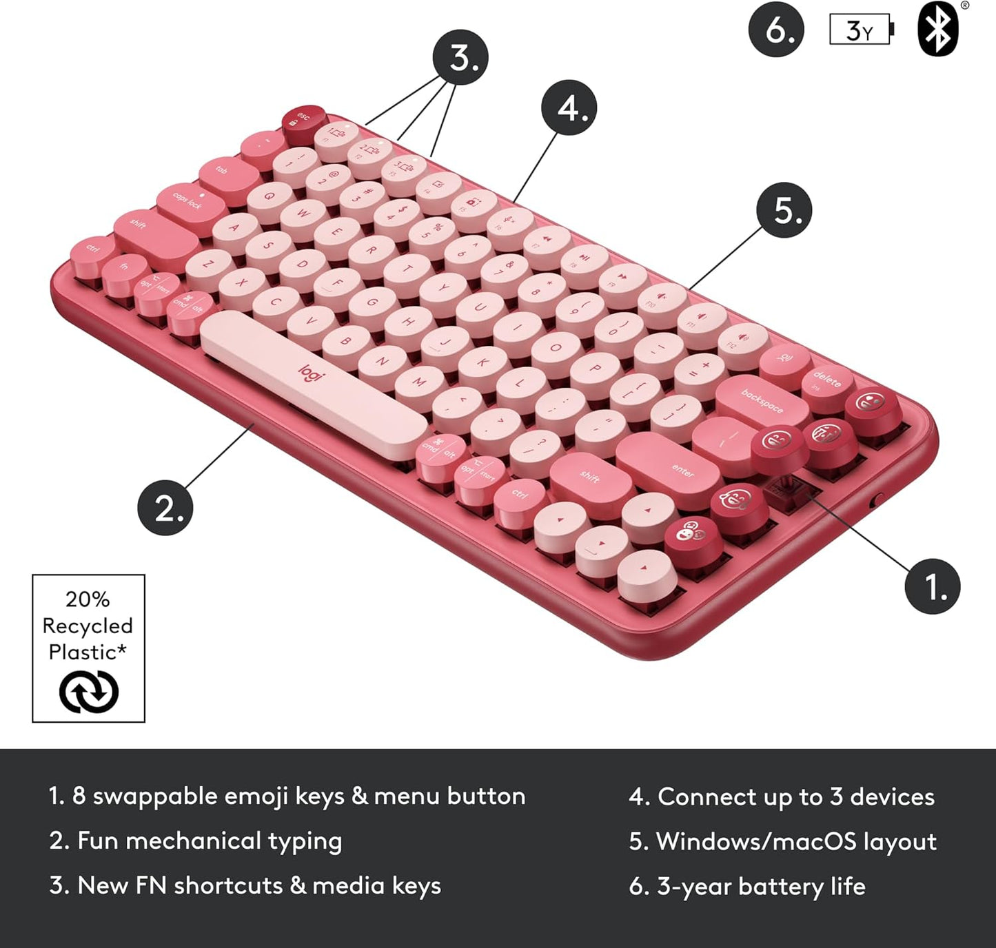 Logitech POP Mechanical Wireless Keyboard with Customizable Emoji Keys Durable Compact Design Bluetooth or USB Connectivity Multi-Device OS Compatible - Heartbreaker Rose
