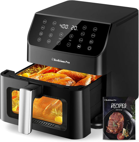 Beelicious® 5.8QT Large Air Fryer, 12-in-1 Digital Airfryer with Clear Window, 40+ Recipes, Flavor-Lock Tech, Shake Reminder, Compact, Quiet, Dishwasher Safe, Nonstick, Fit for Family of 2-5, Black