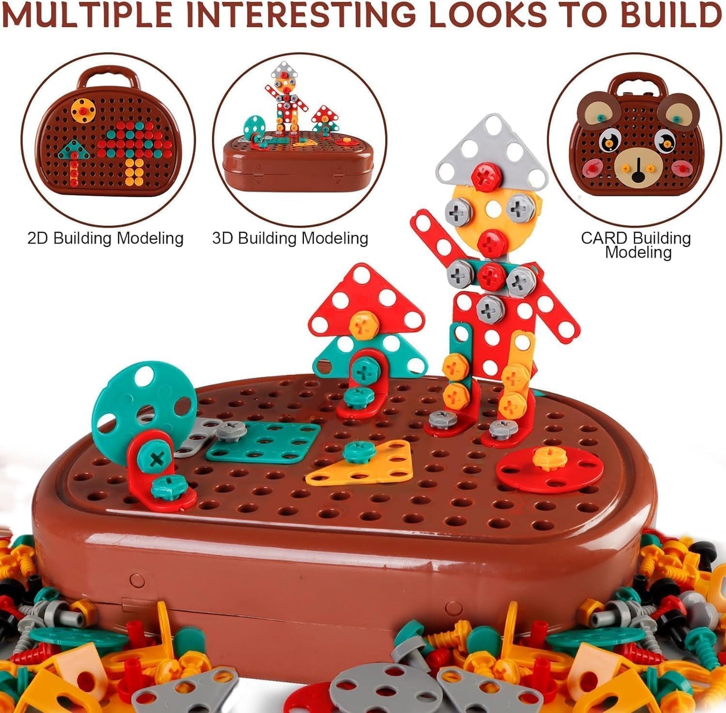 Magic Montessori Play Toolbox with Drill, 203Pcs Magic Montessori Play Toolbox Bear-Themed, 2D/3D Creativity Tool Box Montessori Toys Gift for Age 3-12 Years Old  Kids, Boys, Girls