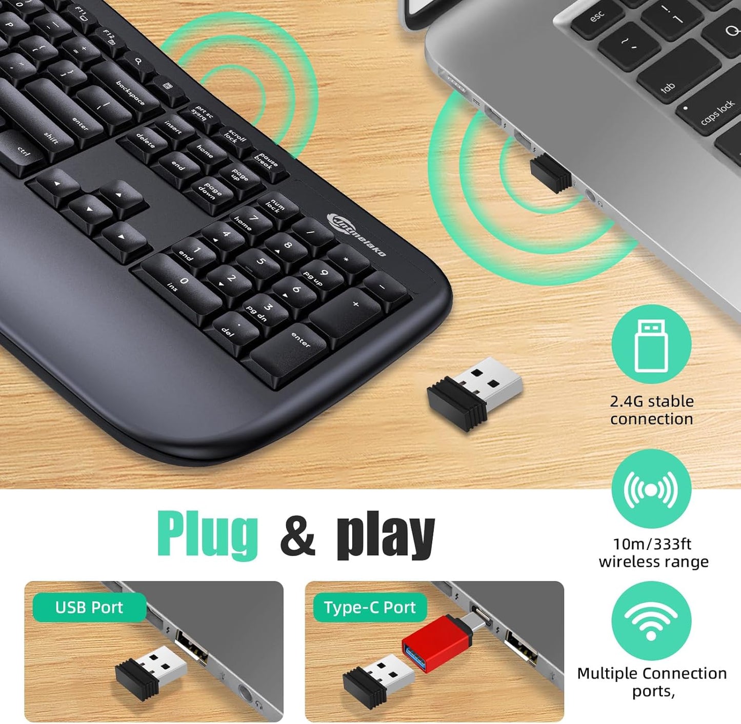 Wireless Keyboard, Ergonomic Keyboard with Wrist Rest, 2.4G Full Size Keyboard for Windows, MacOS, Desktops/Laptops