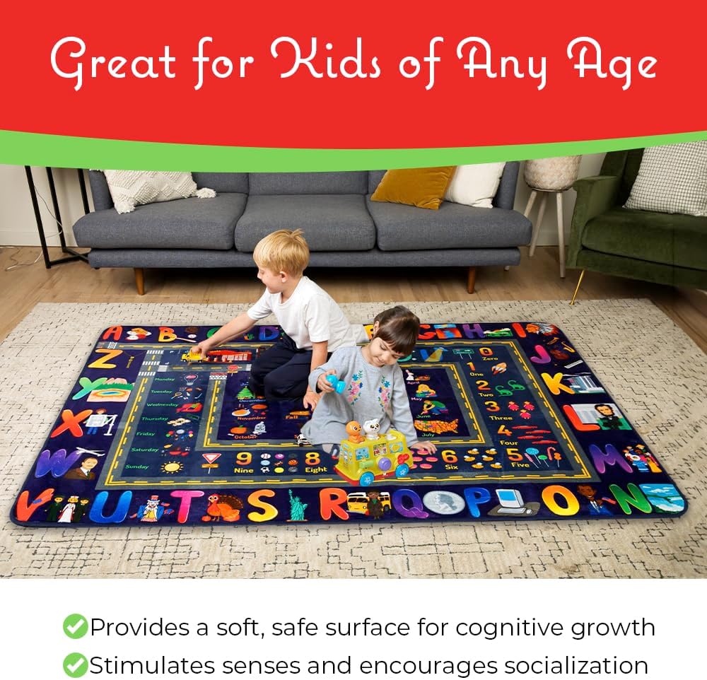 ABC Baby Play Mat Educational Alphabet Kids Rug for Nursery, Classroom, Playroom, Bedroom, Daycare Floor Playmats for Boys, Girls, Babies, Toddlers Room Decor 5' x 7'