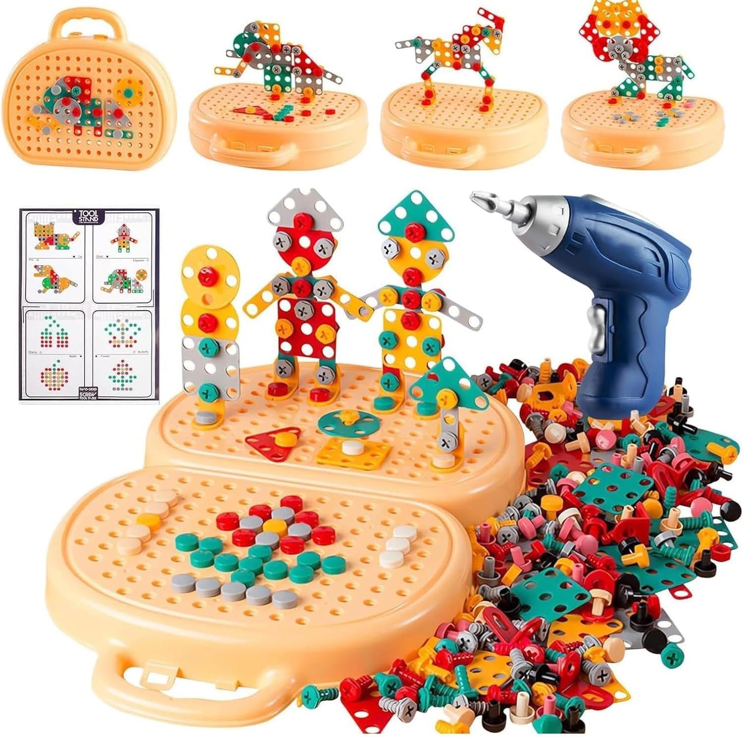 Magic Montessori Play Toolbox with Drill, 203Pcs Magic Montessori Play Toolbox Bear-Themed, 2D/3D Creativity Tool Box Montessori Toys Gift for Age 3-12 Years Old  Kids, Boys, Girls