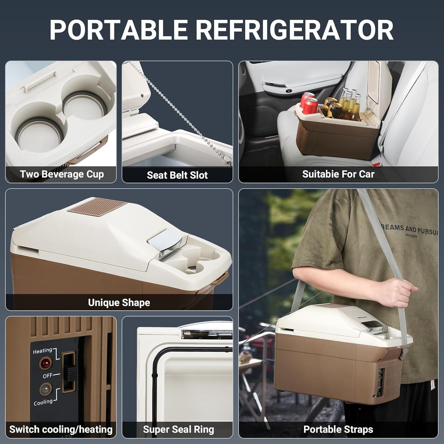12V Car Refrigerator Cooler/Warmer 8 Quart (9L) Car Fridge Portable Cooler 40~140℉,12 V110V-220V, Electric Compact Camping Cooler Thermoelectric 12V Small Fridge for Car,RV,Camping (Brown)