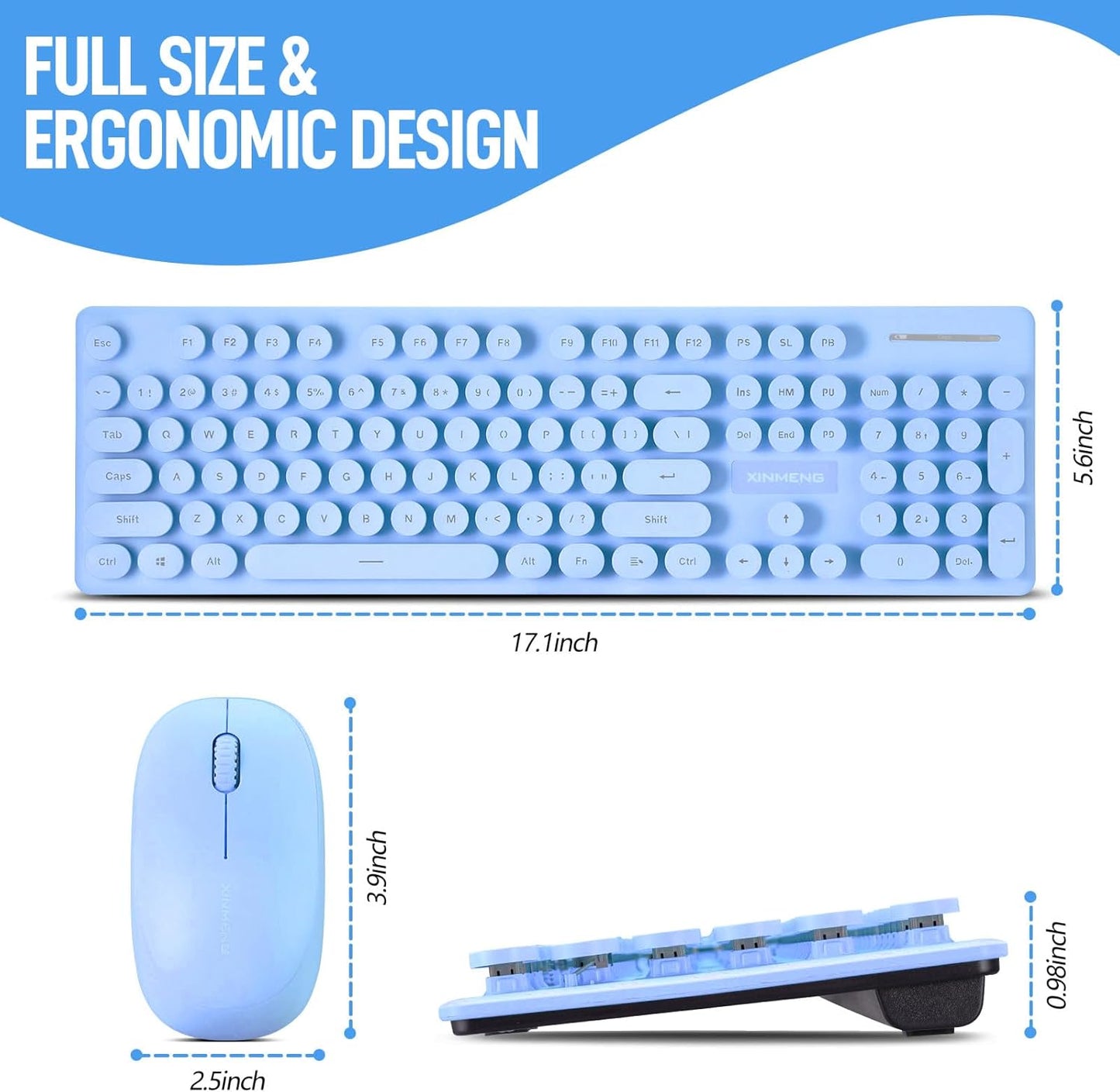 Wireless Keyboard and Mouse Combo, Full Size Compact Quiet Wireless Keyboard and Mouse Set 2.4G Ultra-Thin Sleek Design for Windows, Computer, Desktop, PC, Notebook, Laptop,Round Keys Blue