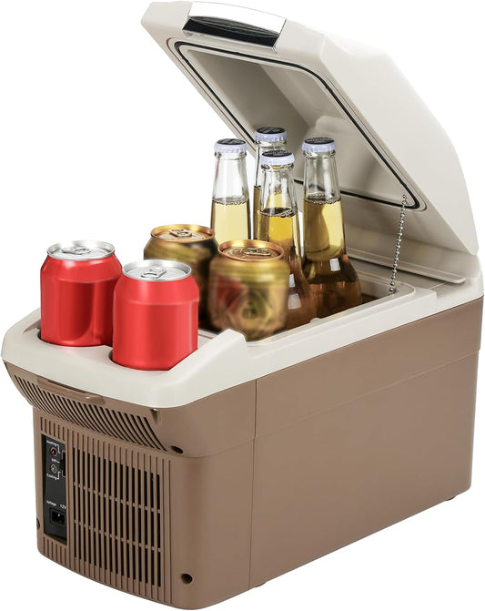 12V Car Refrigerator Cooler/Warmer 8 Quart (9L) Car Fridge Portable Cooler 40~140℉,12 V110V-220V, Electric Compact Camping Cooler Thermoelectric 12V Small Fridge for Car,RV,Camping (Brown)