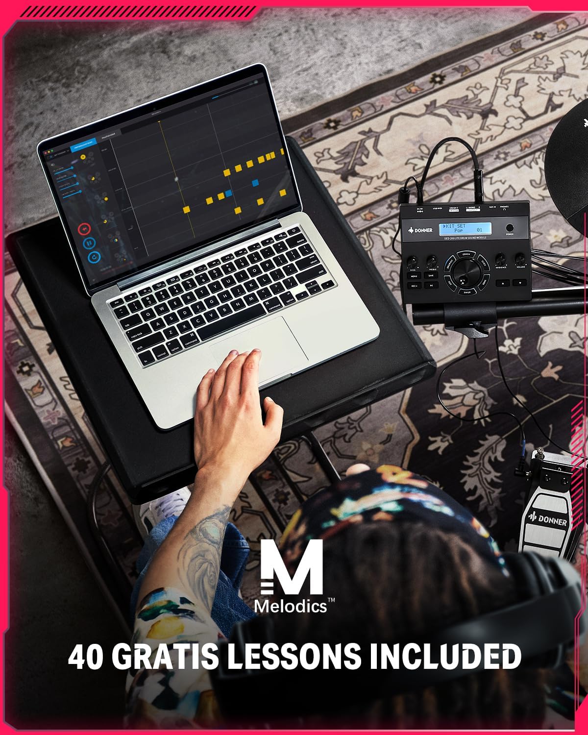 Electric Drums Donner DED-200 LITE Electronic Drum Kit for Beginner with 450 Sounds USB MIDI Quiet Mesh Pads Throne Headphones Sticks and 40 Melodics Lessons