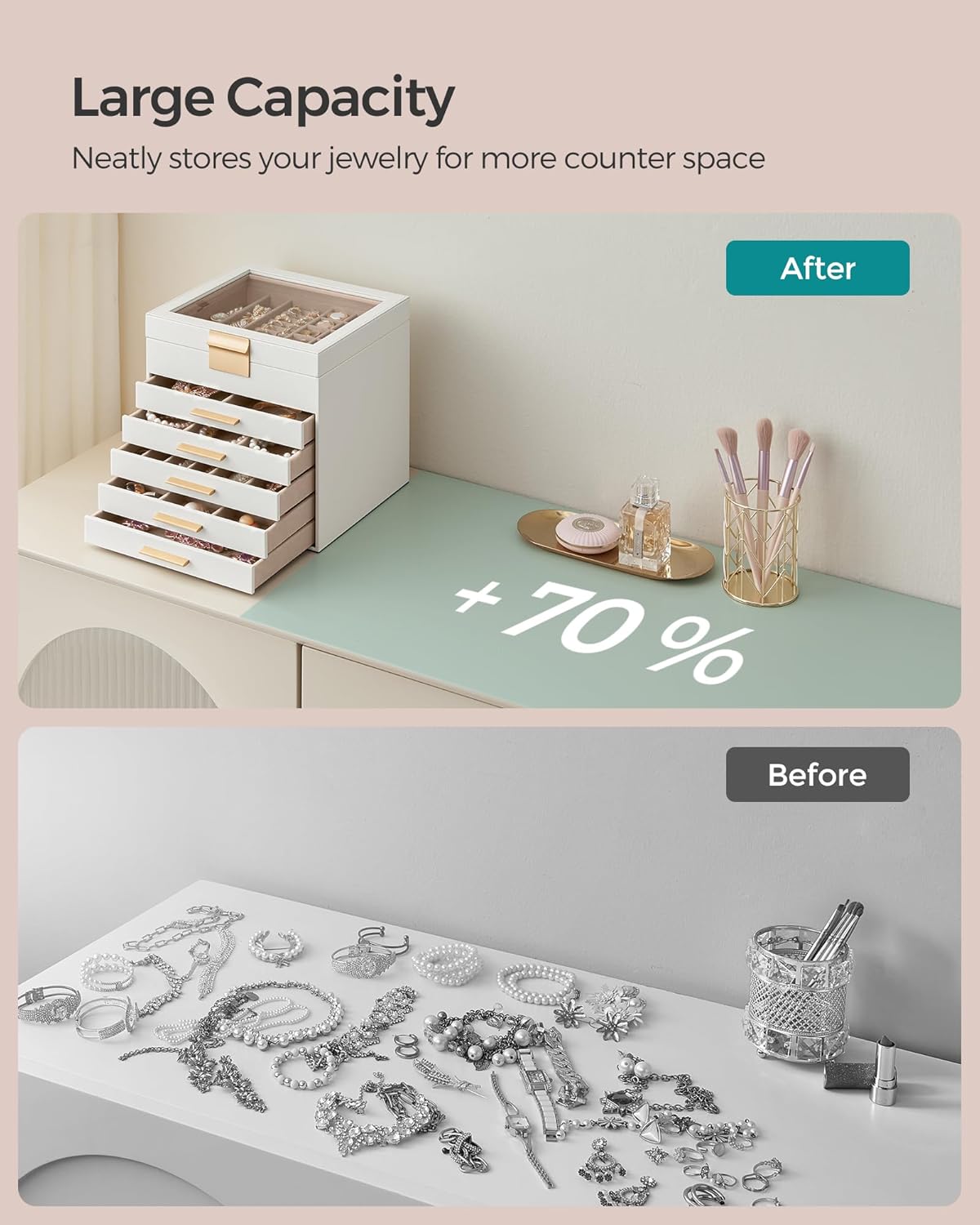 SONGMICS Jewelry Box with Glass Lid, 6-Layer Jewelry Organizer, 5 Drawers, for Big and Small Jewelry, Jewelry Storage, Modern Style, 8 x 9.1 x 9 Inches, Cloud White and Gold Color UJBC176W01